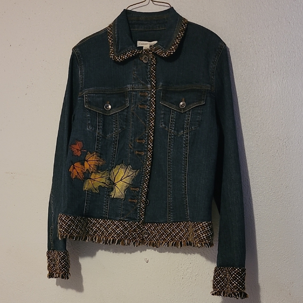 Coldwater Creek Blue Jean Jacket with Floral Embroidery
